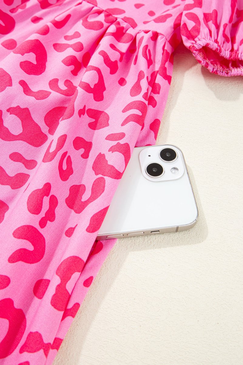 Rose Leopard Puff Sleeve Tie Front High Waist Mini Dress