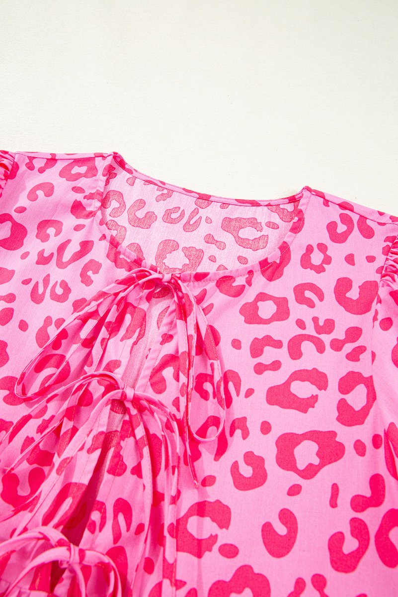Rose Leopard Puff Sleeve Tie Front High Waist Mini Dress