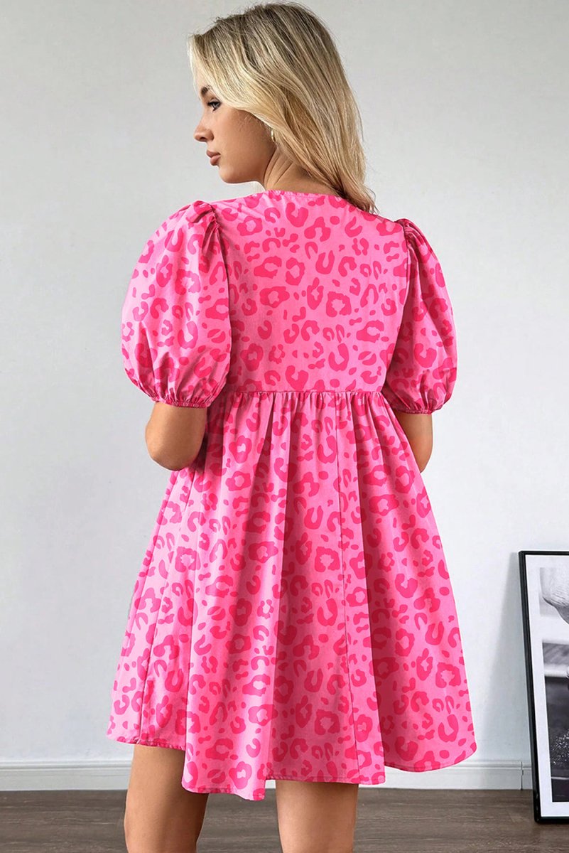 Rose Leopard Puff Sleeve Tie Front High Waist Mini Dress