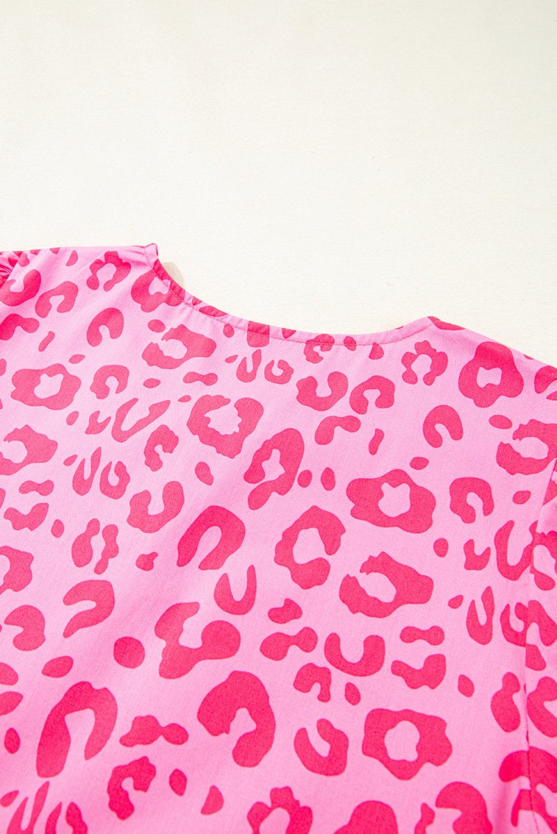 Rose Leopard Puff Sleeve Tie Front High Waist Mini Dress