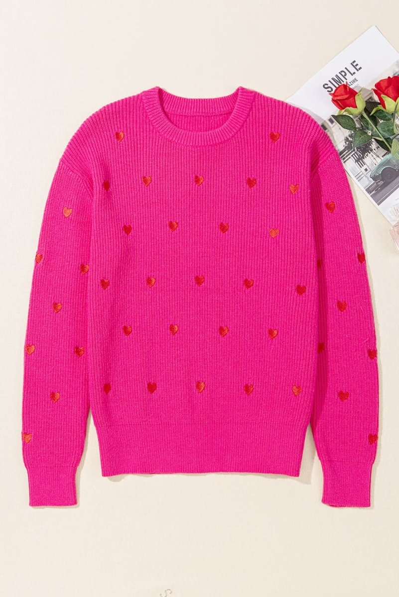 Rose Red Heart Shape Drop Shoulder Round Neck Sweater