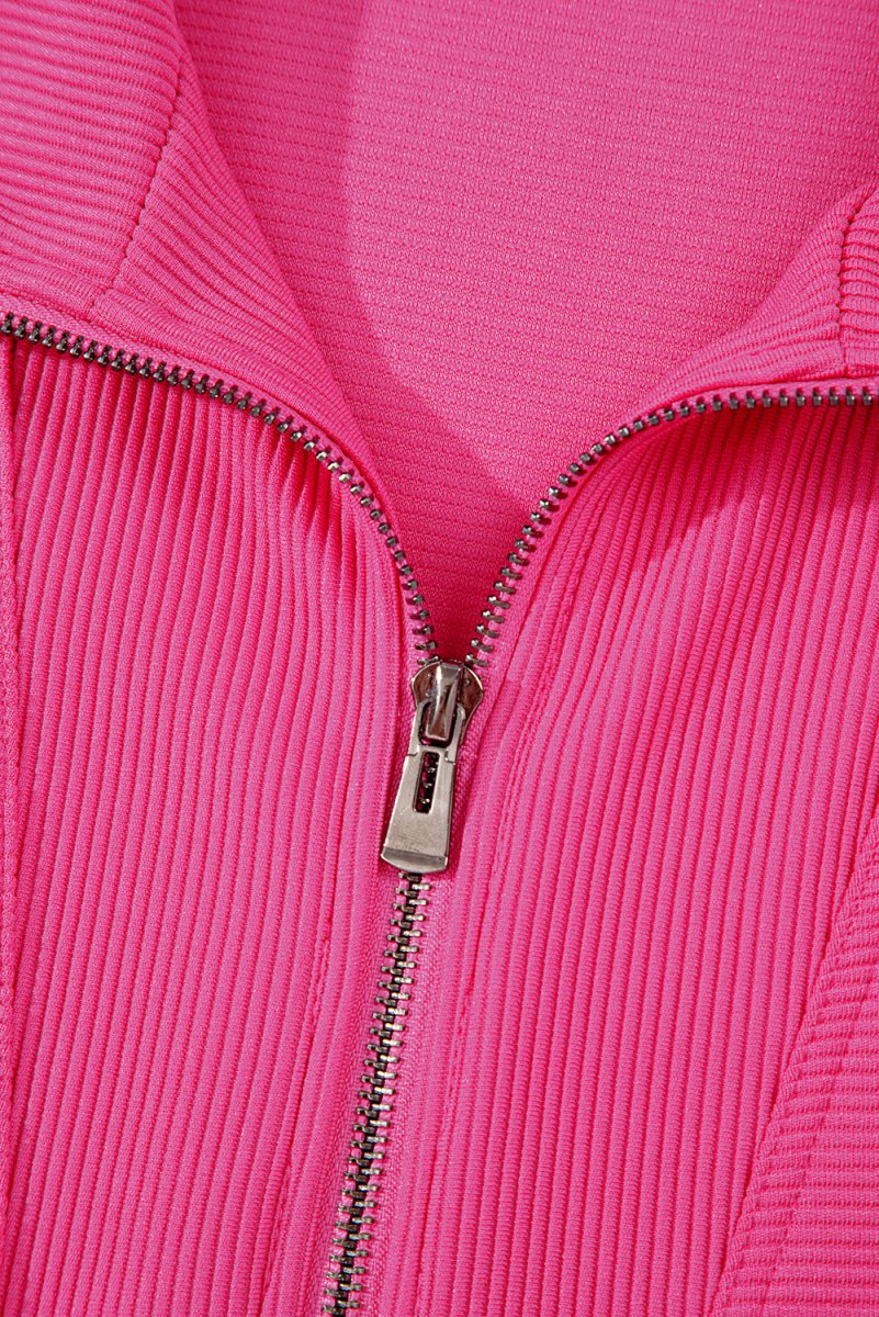 Rose Red Textured Short Sleeve Half Zip Drawstring Romper