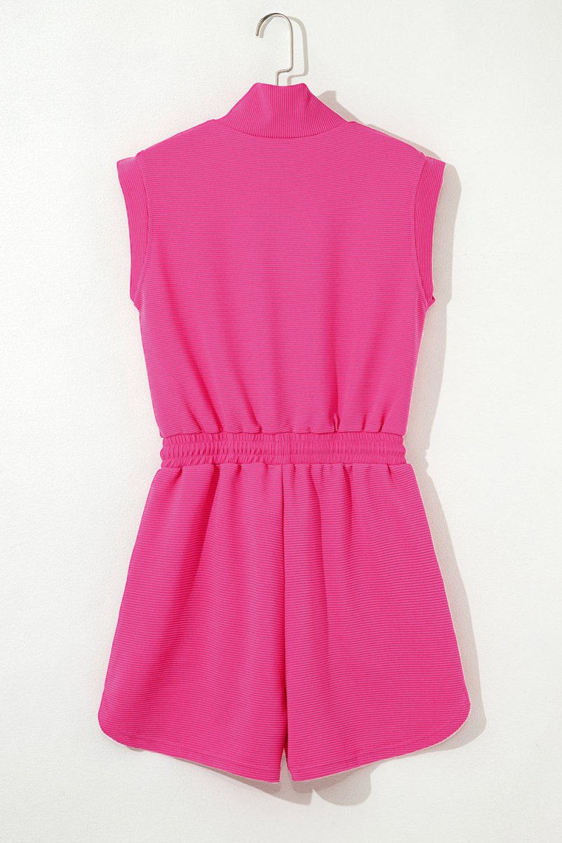 Rose Red Textured Short Sleeve Half Zip Drawstring Romper
