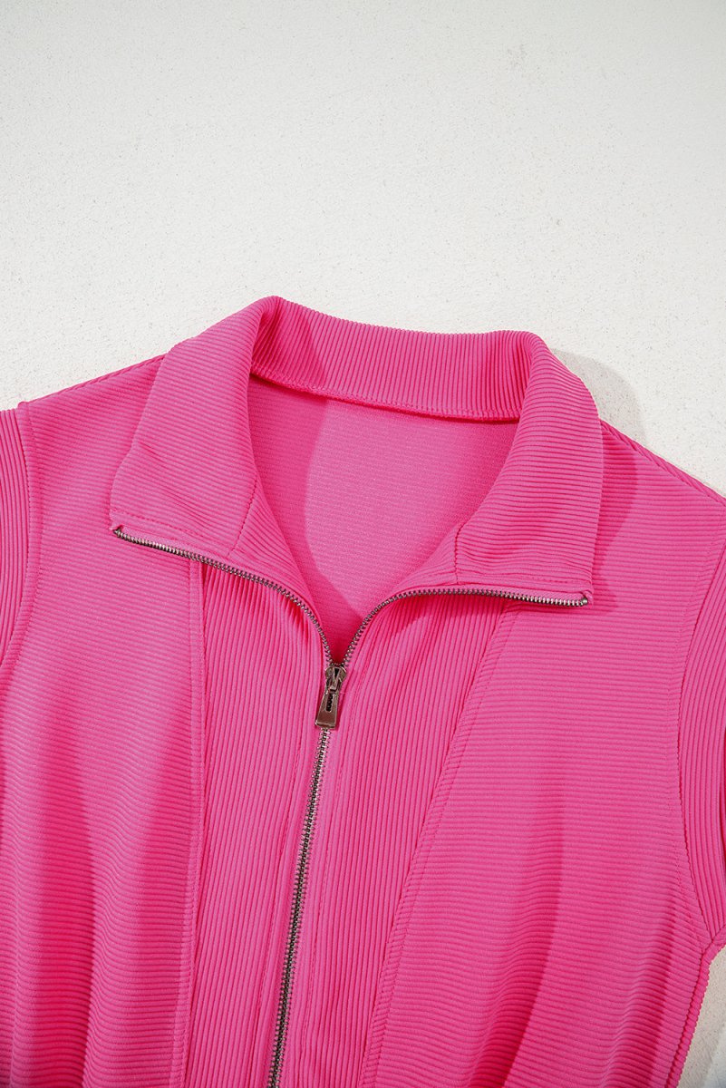 Rose Red Textured Short Sleeve Half Zip Drawstring Romper