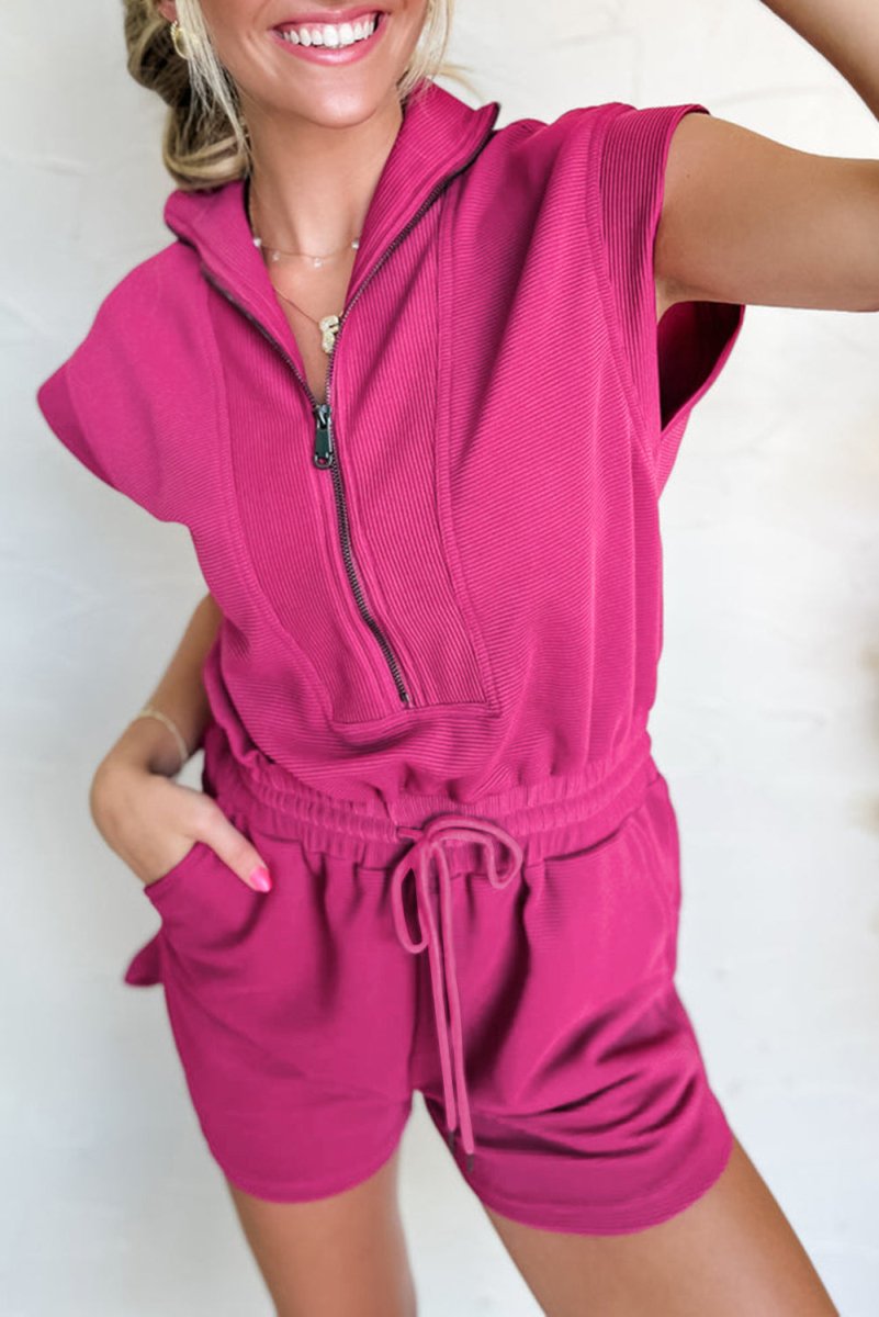 Rose Red Textured Short Sleeve Half Zip Drawstring Romper