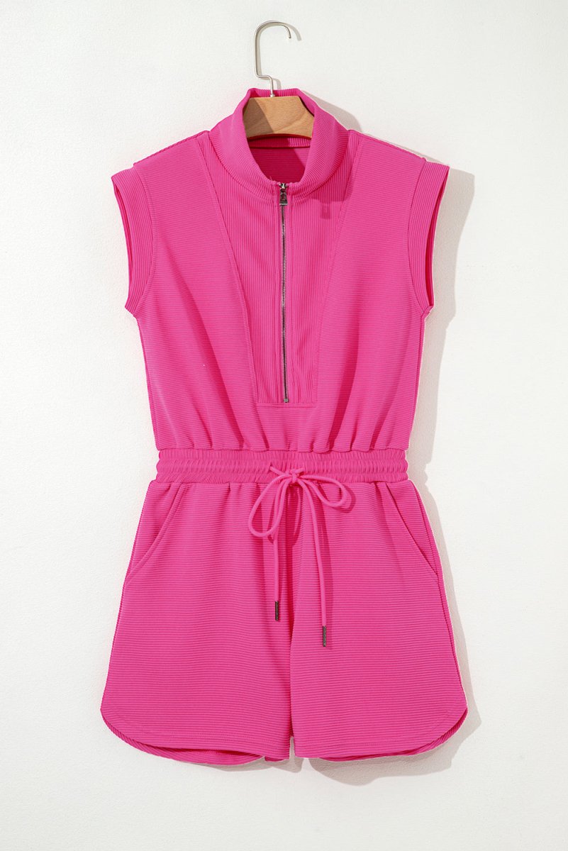 Rose Red Textured Short Sleeve Half Zip Drawstring Romper