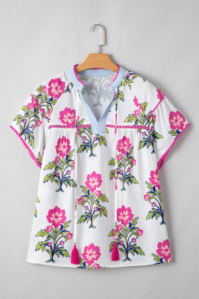 Rose Vintage Floral Print Contrast Notched V Neck Plus Size Summer Blouse