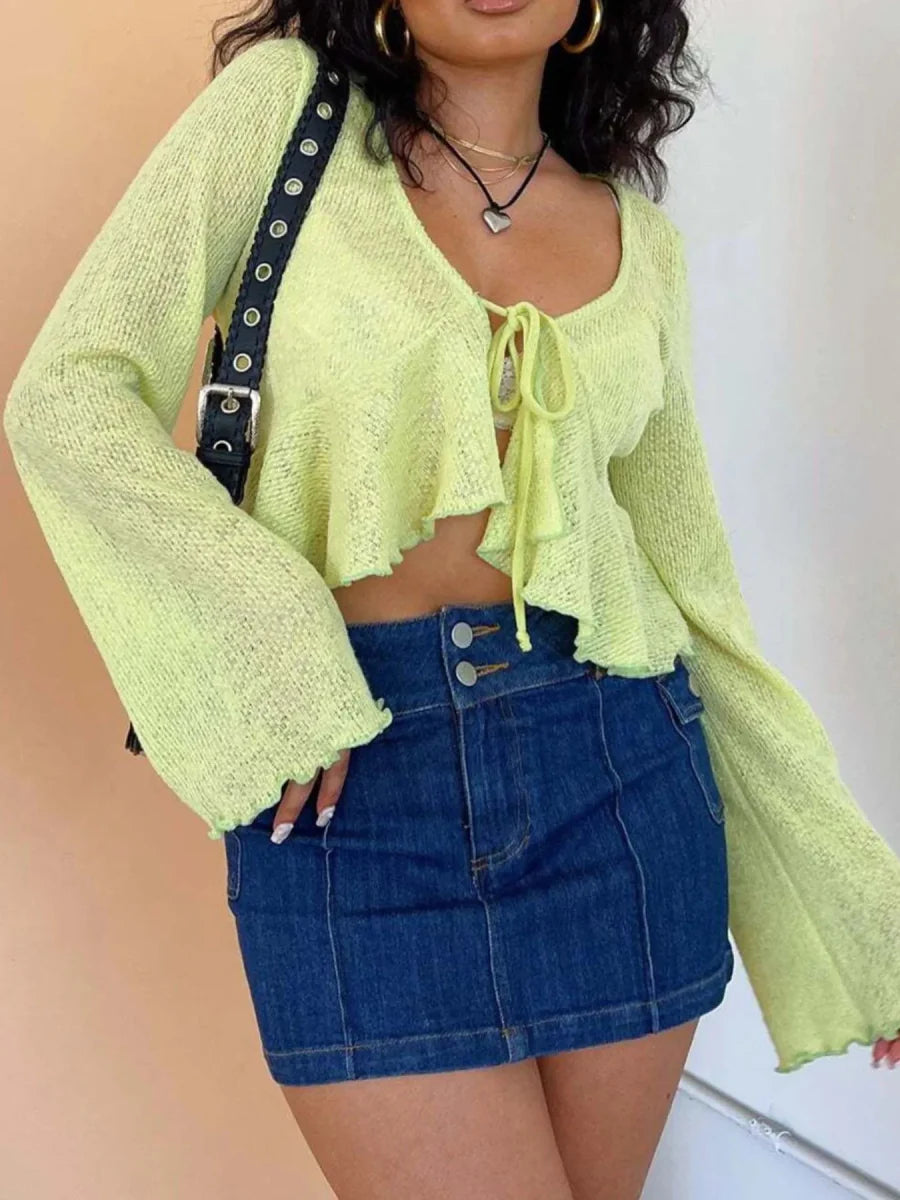 Ruffled Hem Tie-Front Cropped Cardigan