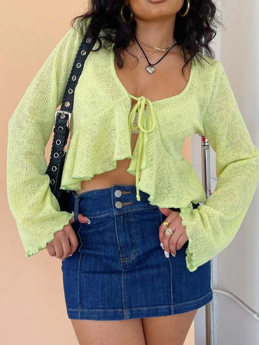 Ruffled Hem Tie-Front Cropped Cardigan