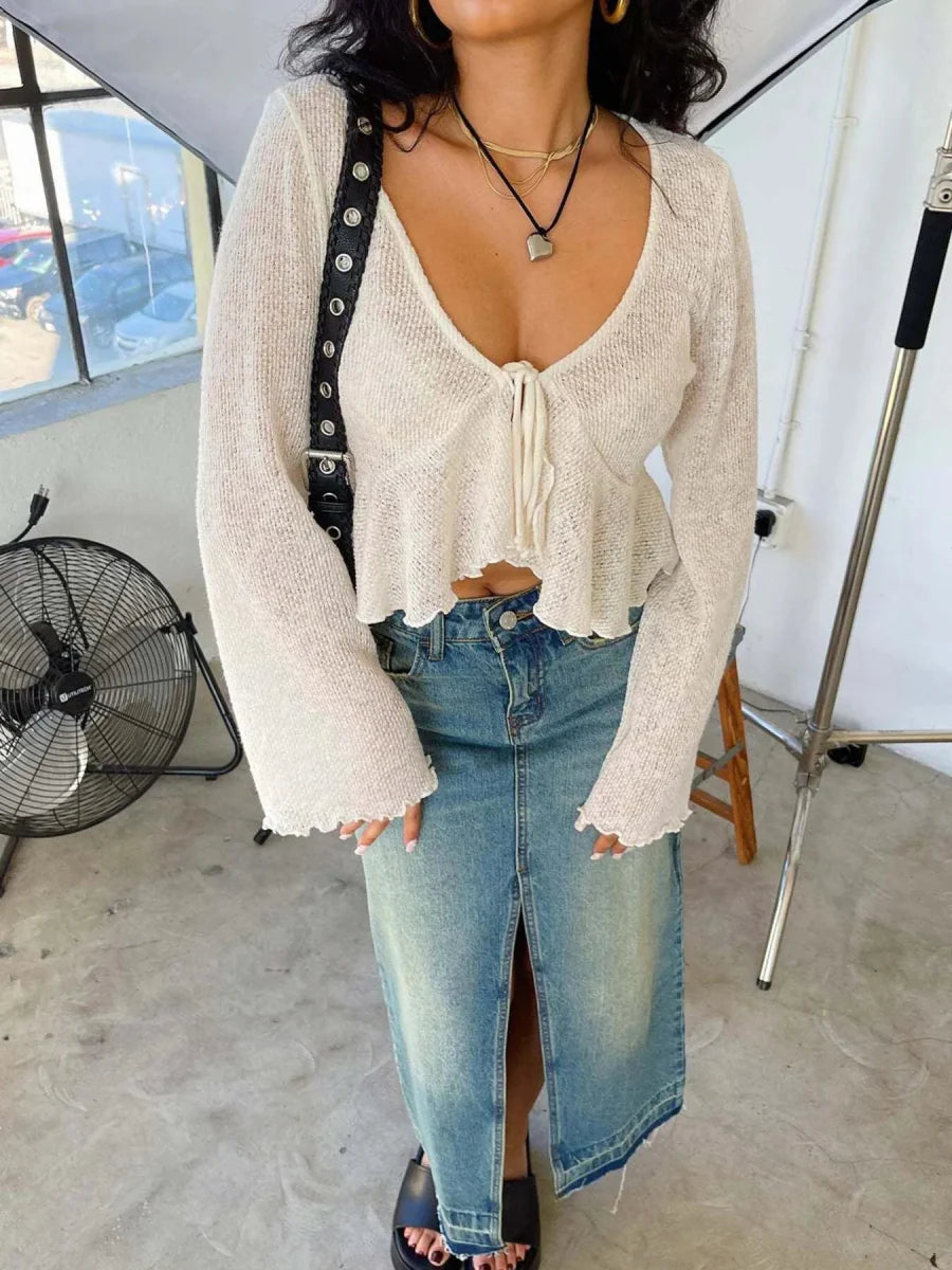 Ruffled Hem Tie-Front Cropped Cardigan