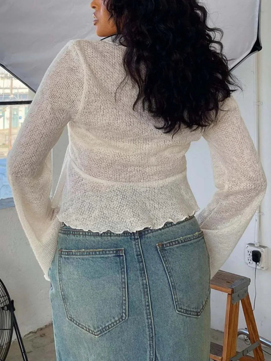 Ruffled Hem Tie-Front Cropped Cardigan