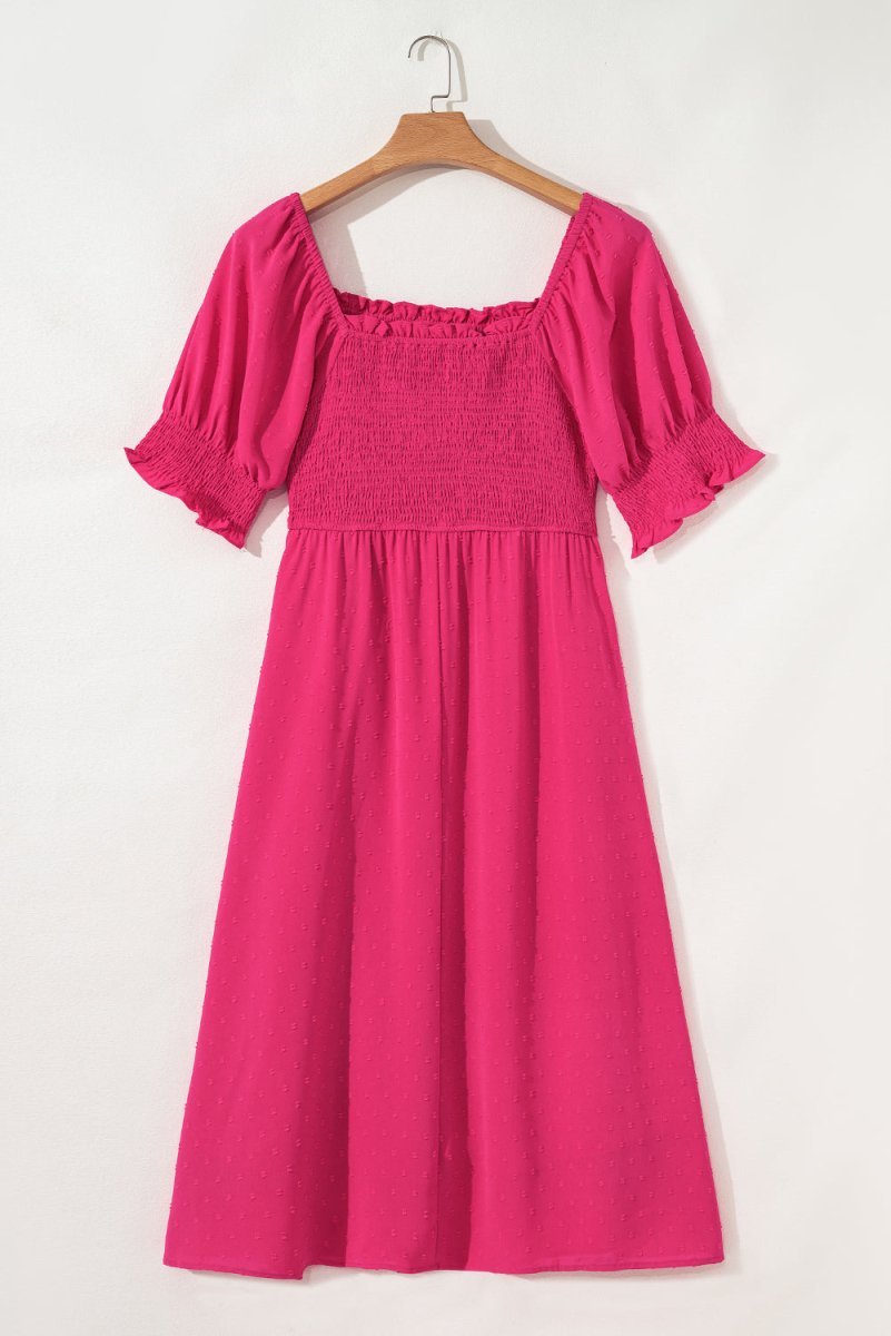 Sachet Pink Swiss Dot Smocked Frilled Neckline Plus Size Dress