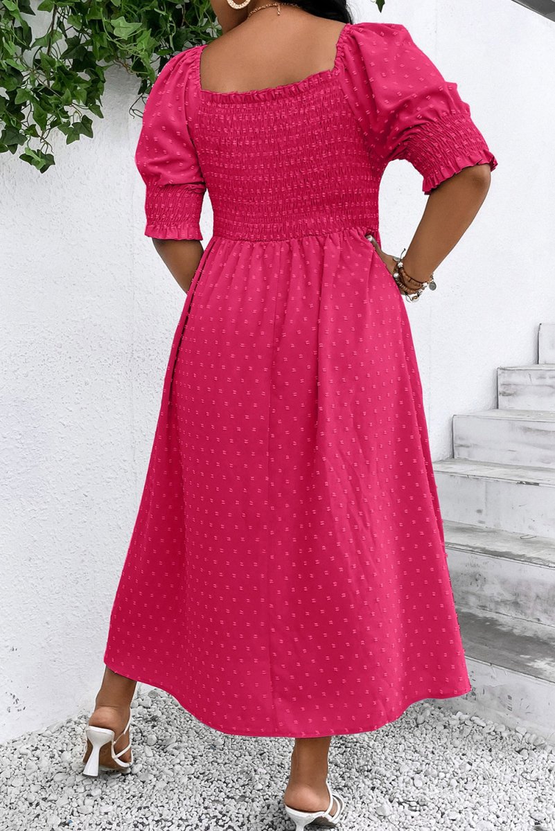 Sachet Pink Swiss Dot Smocked Frilled Neckline Plus Size Dress