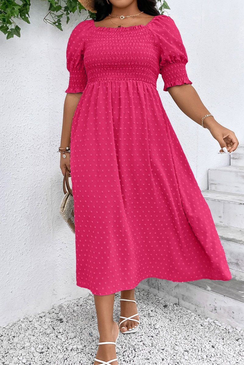 Sachet Pink Swiss Dot Smocked Frilled Neckline Plus Size Dress