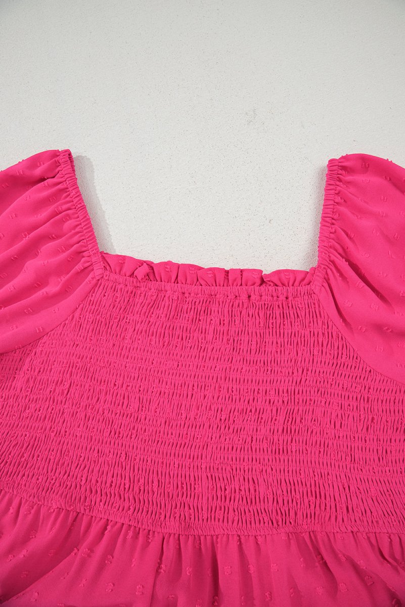 Sachet Pink Swiss Dot Smocked Frilled Neckline Plus Size Dress