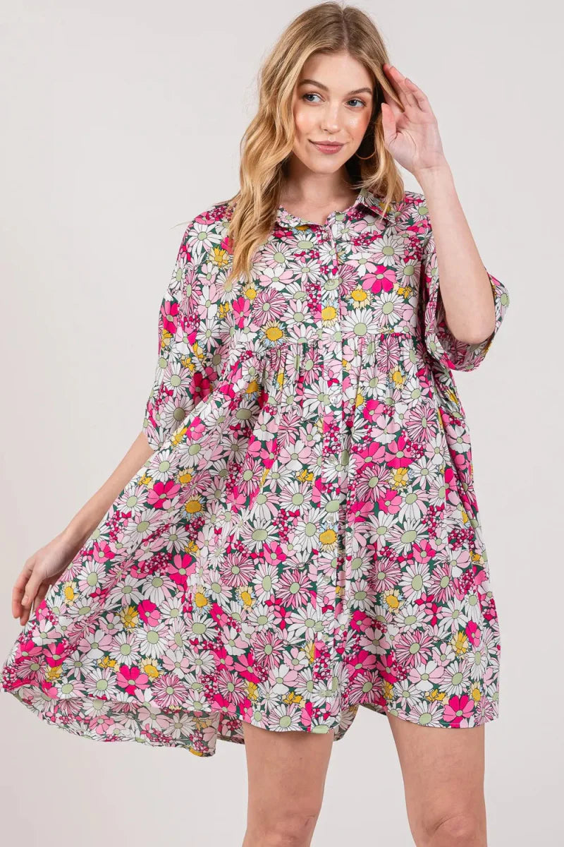 SAGE + FIG Floral Button Down Mini Shirt Dress for Women