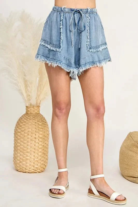 SAGE+FIG Frayed Drawstring Denim Shorts for Summer Style
