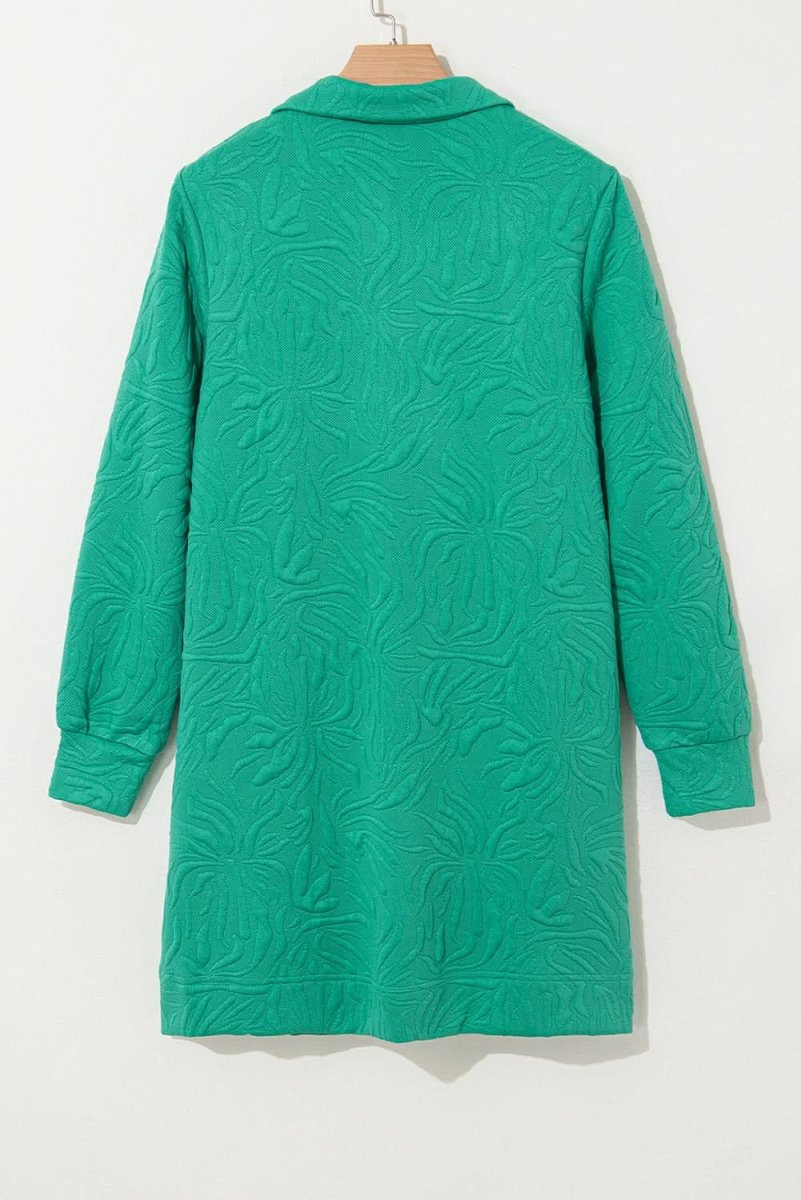 Sea Green Jacquard Textured Quarter Zipper Shift Mini Dress