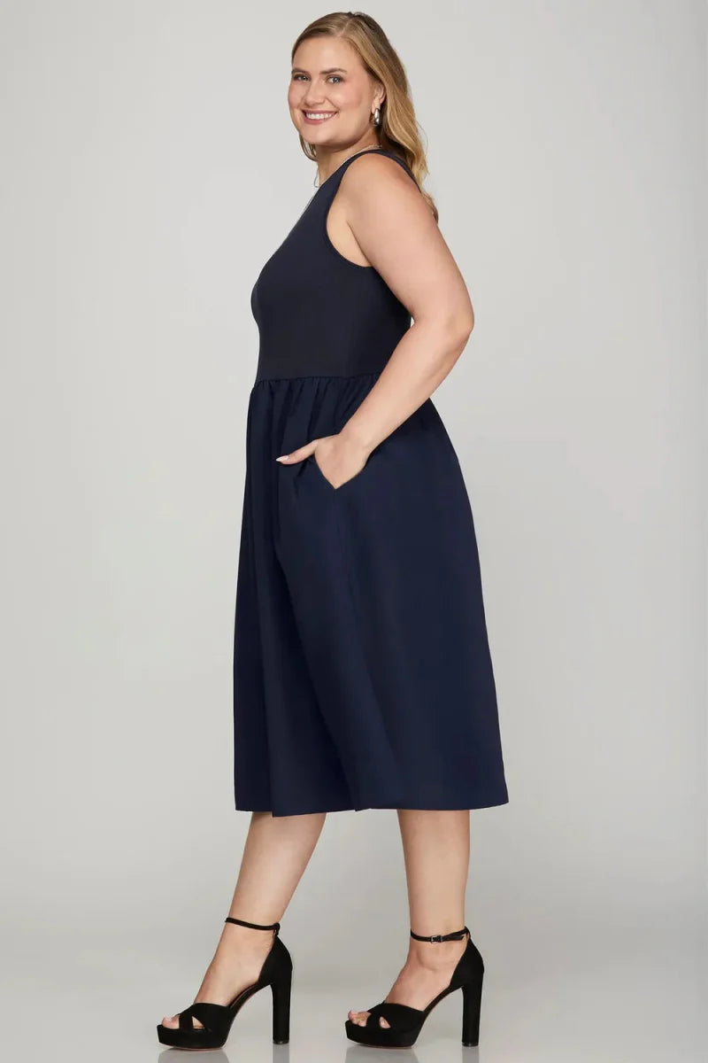 She + Sky Full Size Sleeveless Midi Dress with Pockets