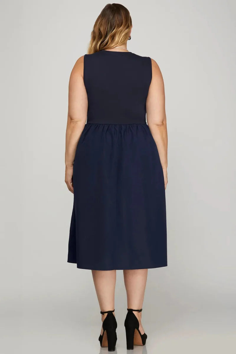 She + Sky Full Size Sleeveless Midi Dress with Pockets