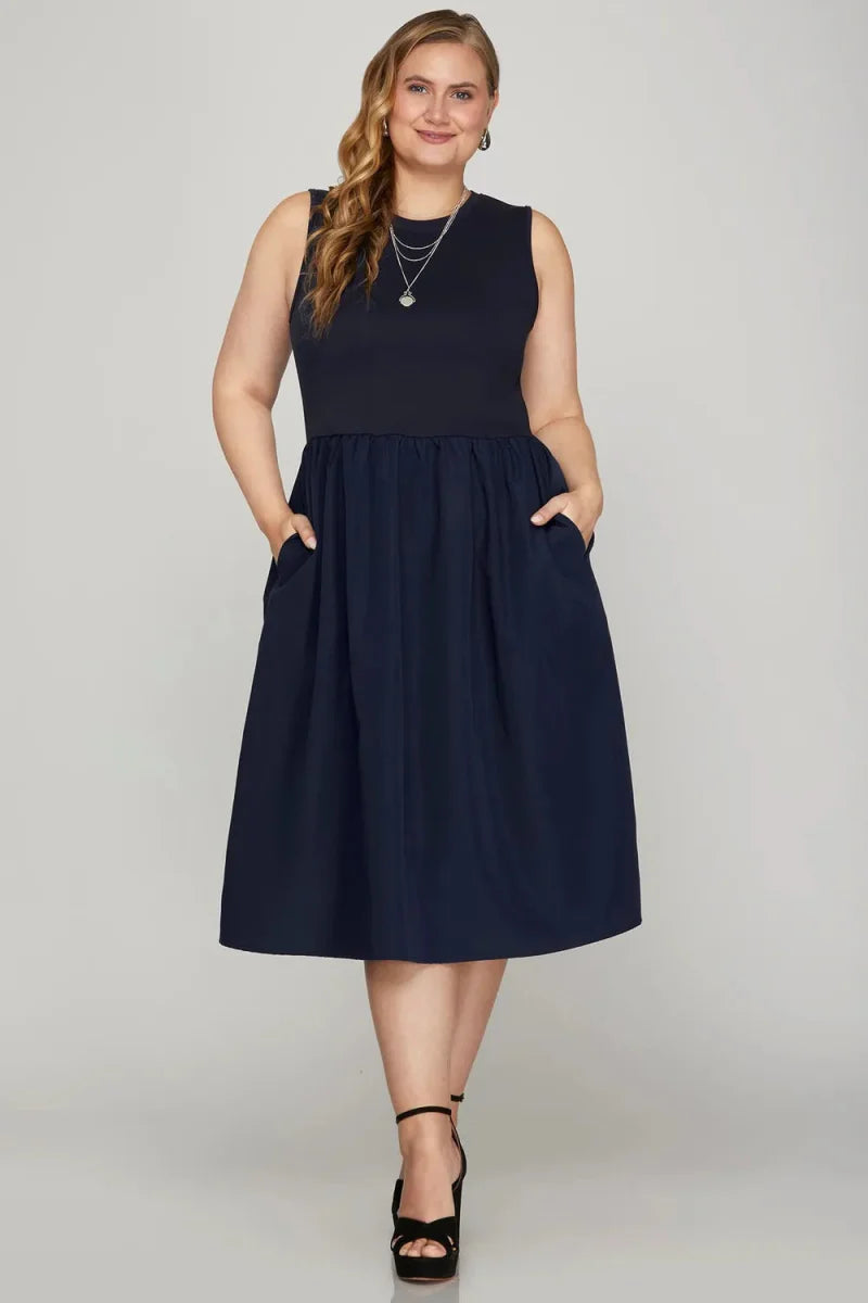 She + Sky Full Size Sleeveless Midi Dress with Pockets