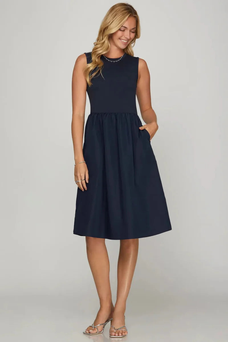 She + Sky Full Size Sleeveless Midi Dress with Pockets