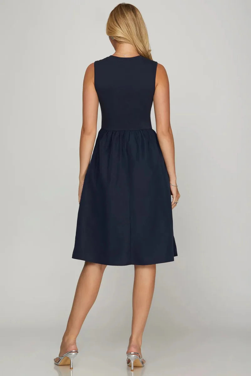She + Sky Full Size Sleeveless Midi Dress with Pockets