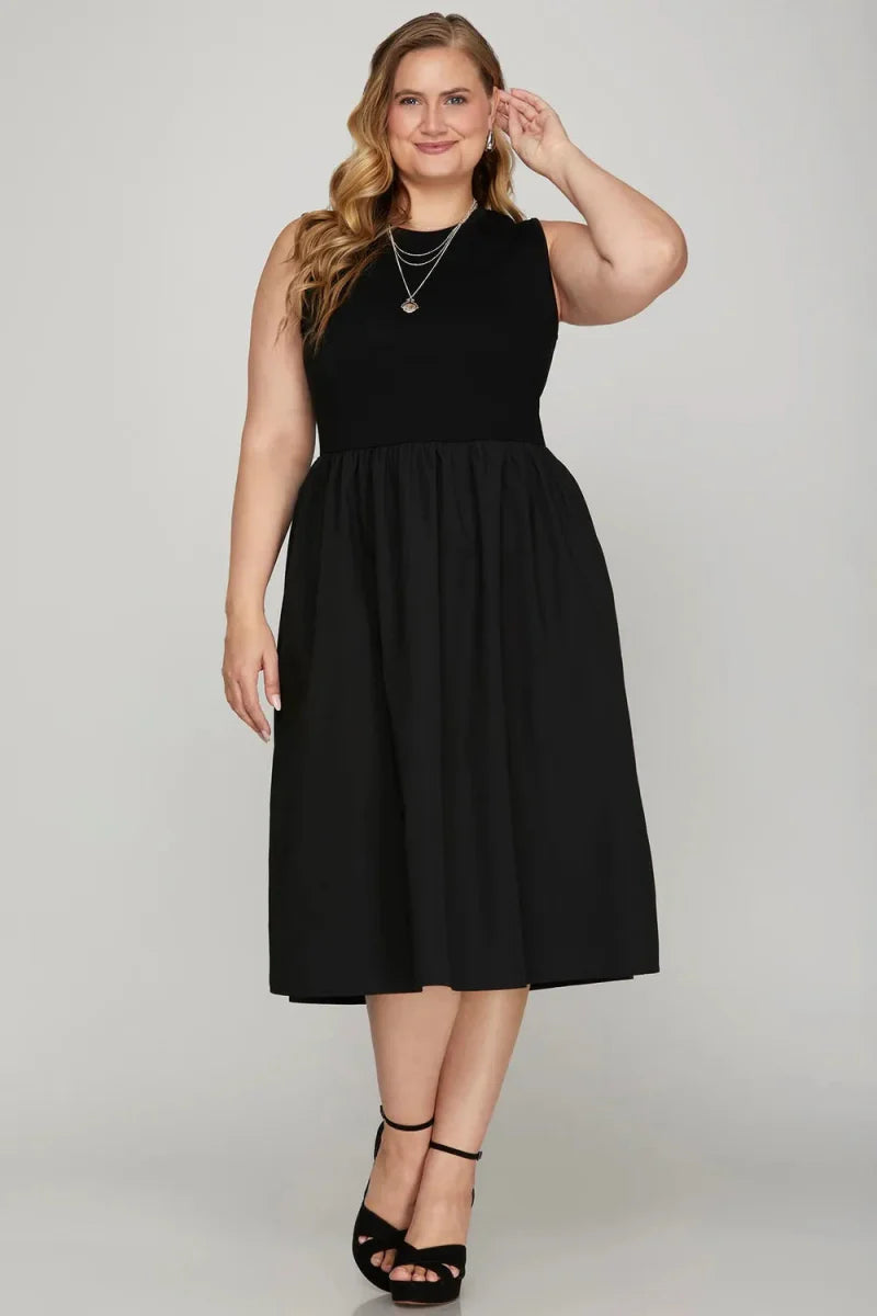 She + Sky Full Size Sleeveless Poplin Woven Midi Dress Plus Size