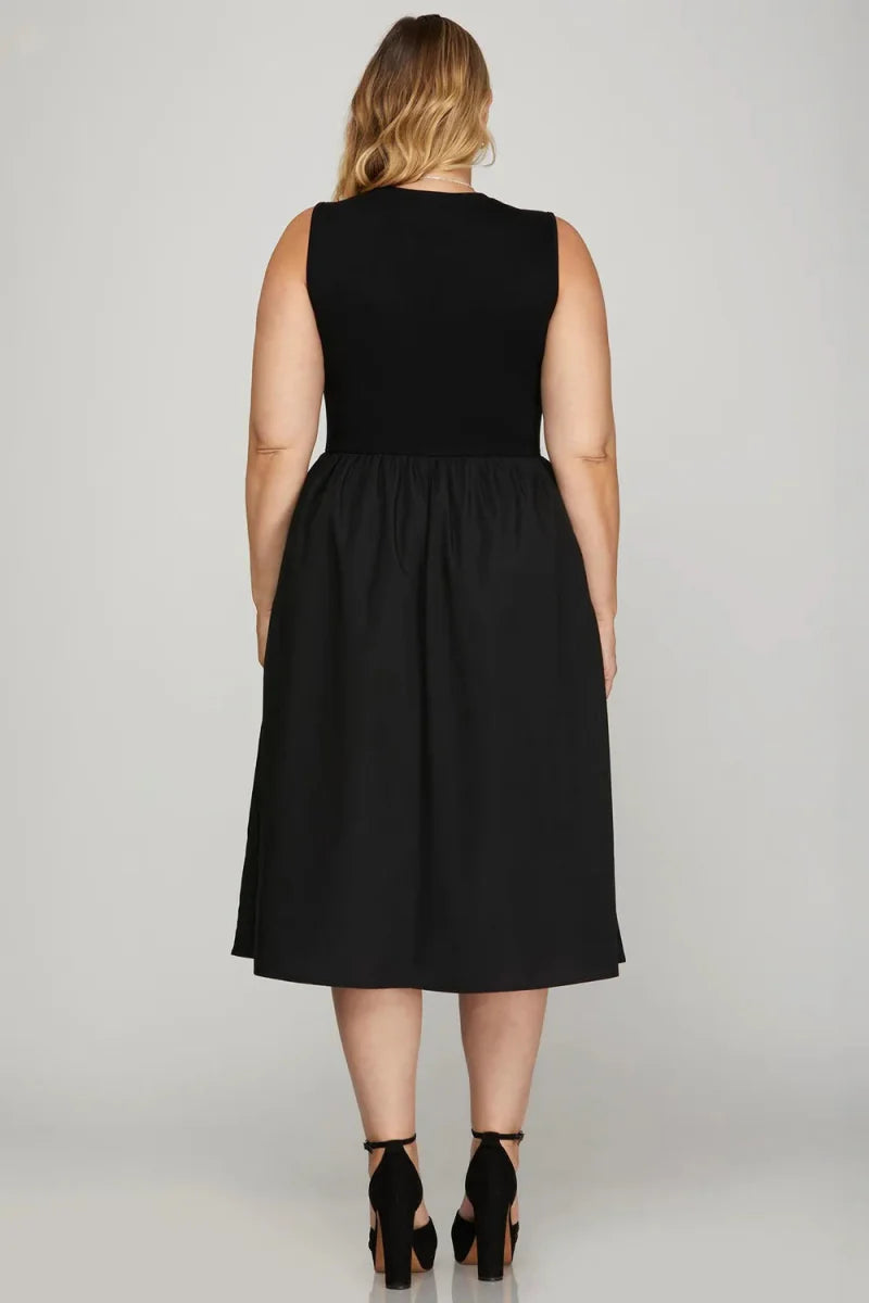 She + Sky Full Size Sleeveless Poplin Woven Midi Dress Plus Size