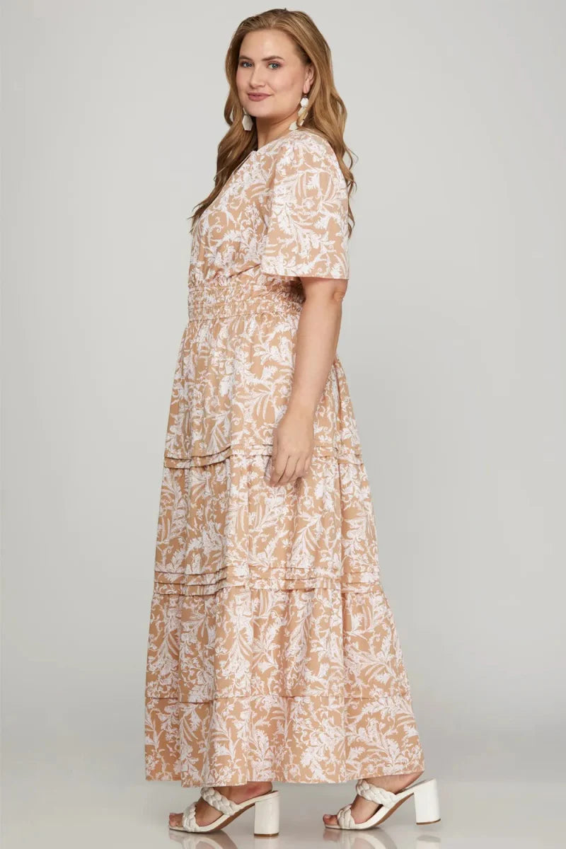 She + Sky Printed Notched Woven Tiered Pintuck Maxi Dress