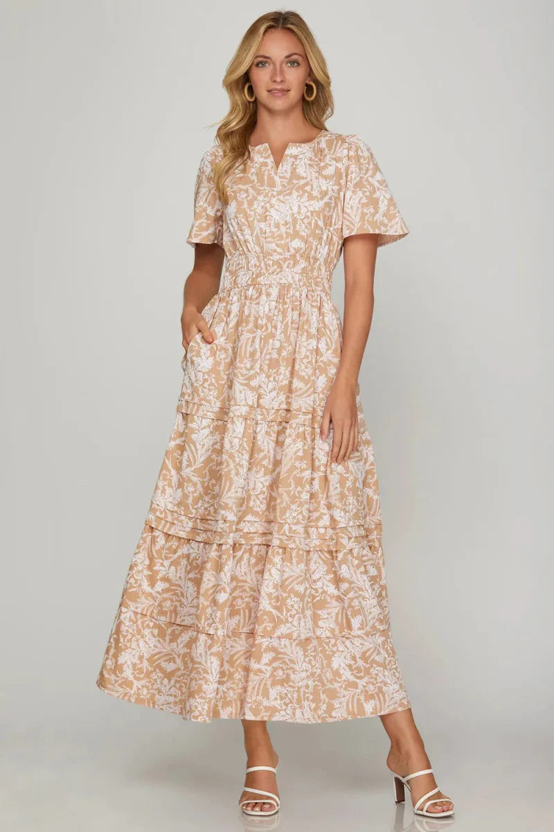 She + Sky Printed Notched Woven Tiered Pintuck Maxi Dress