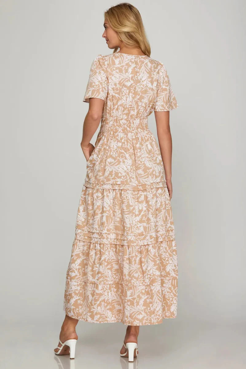 She + Sky Printed Notched Woven Tiered Pintuck Maxi Dress