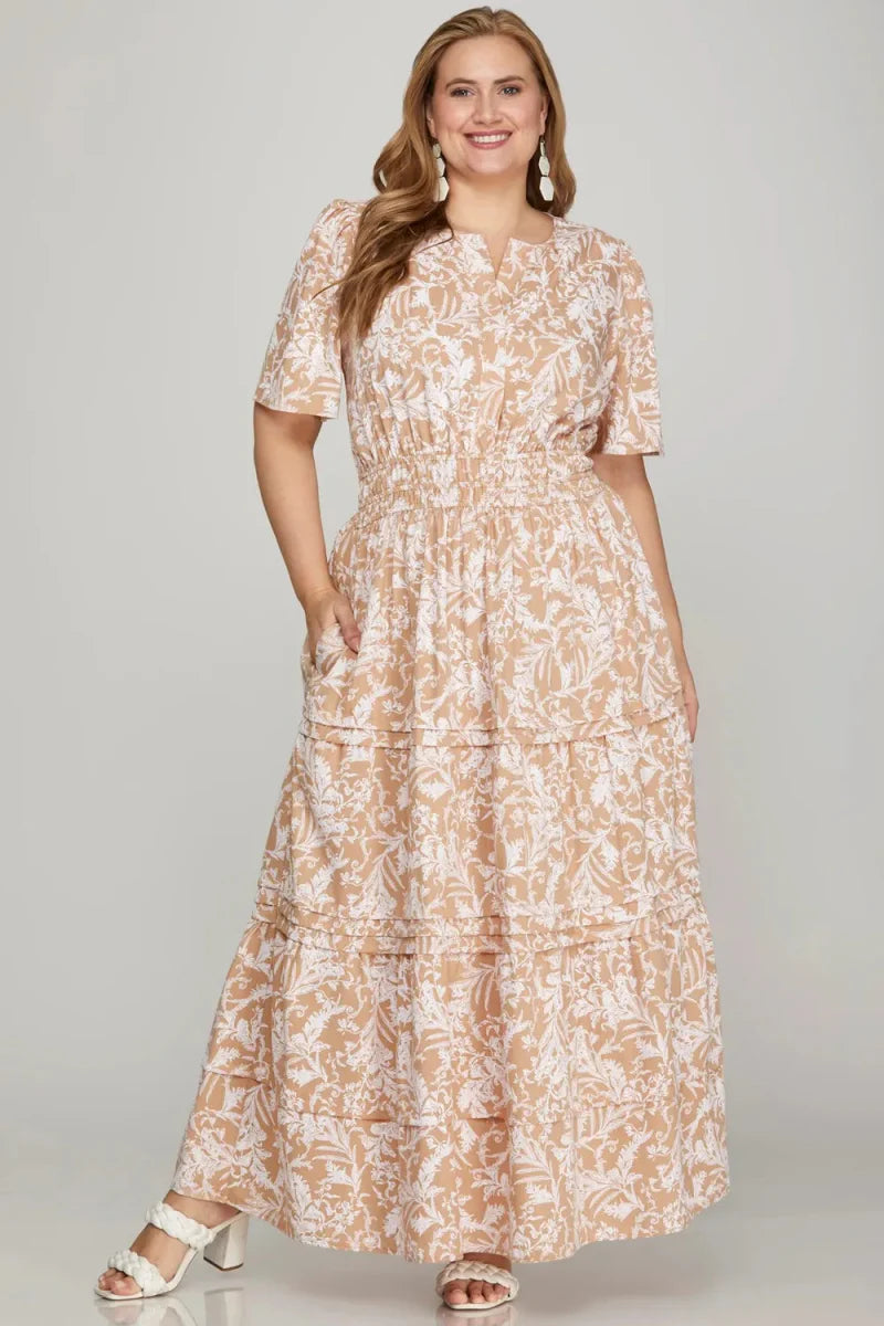 She + Sky Printed Notched Woven Tiered Pintuck Maxi Dress