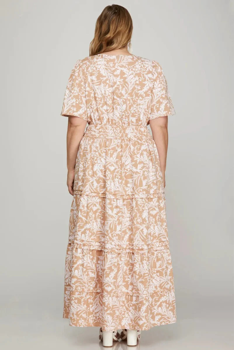 She + Sky Printed Notched Woven Tiered Pintuck Maxi Dress