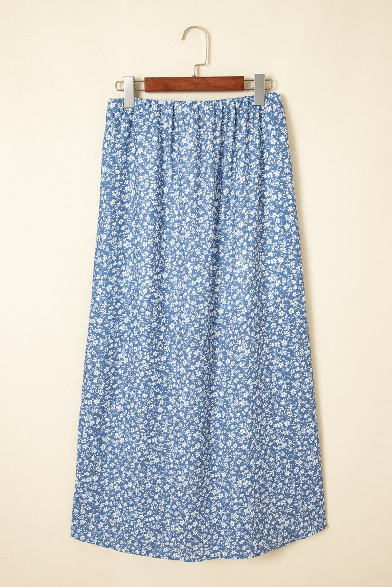 Sky Blue Boho Floral High Waist Long Skirt with Side Split