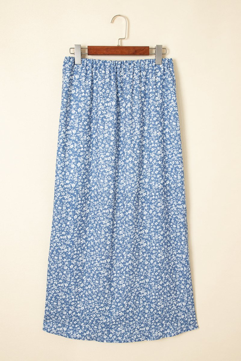 Sky Blue Boho Floral High Waist Long Skirt with Side Split