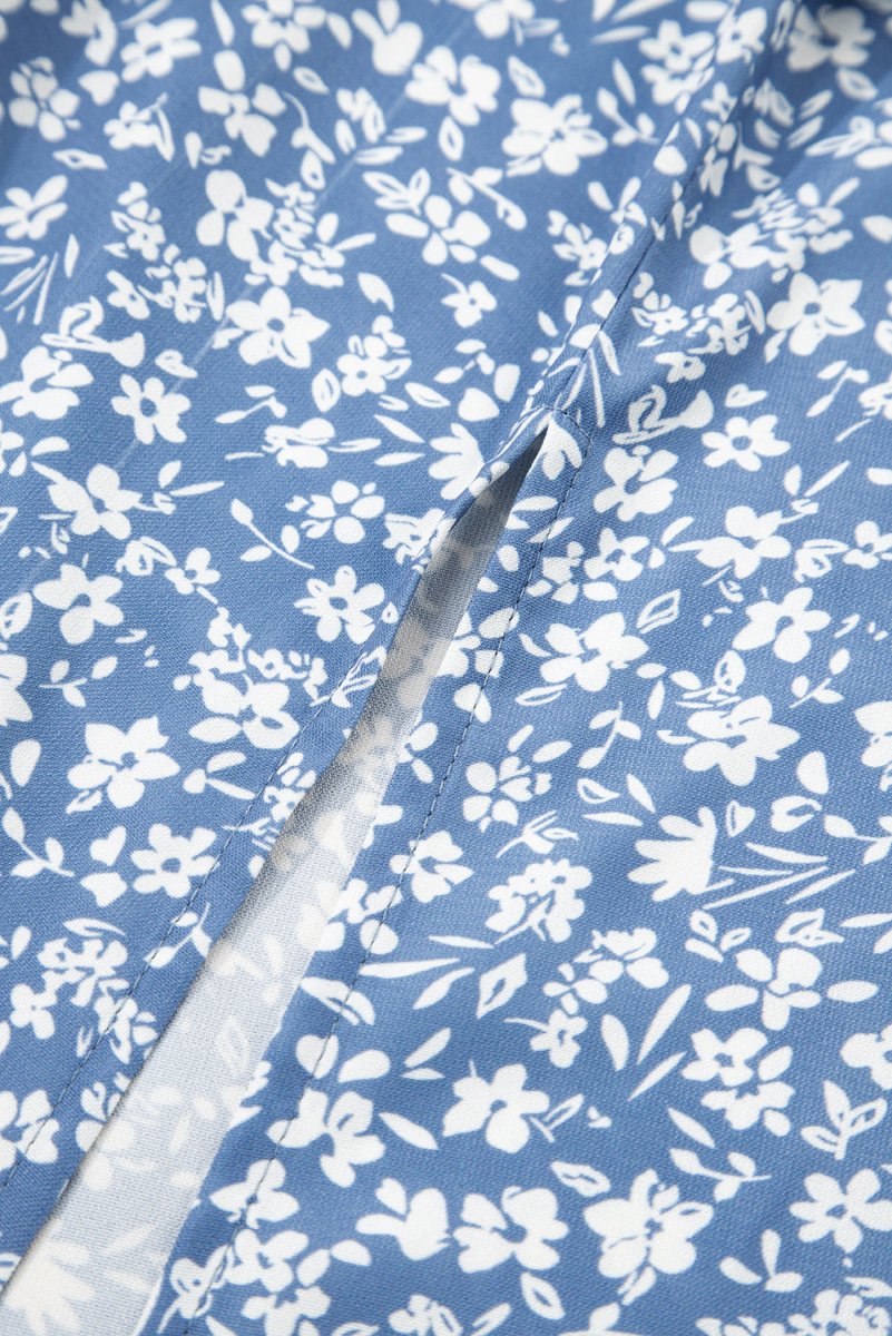 Sky Blue Boho Floral High Waist Long Skirt with Side Split