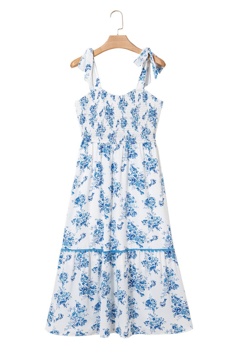 Sky Blue Floral Print Shirred Knot Shoulder Dress