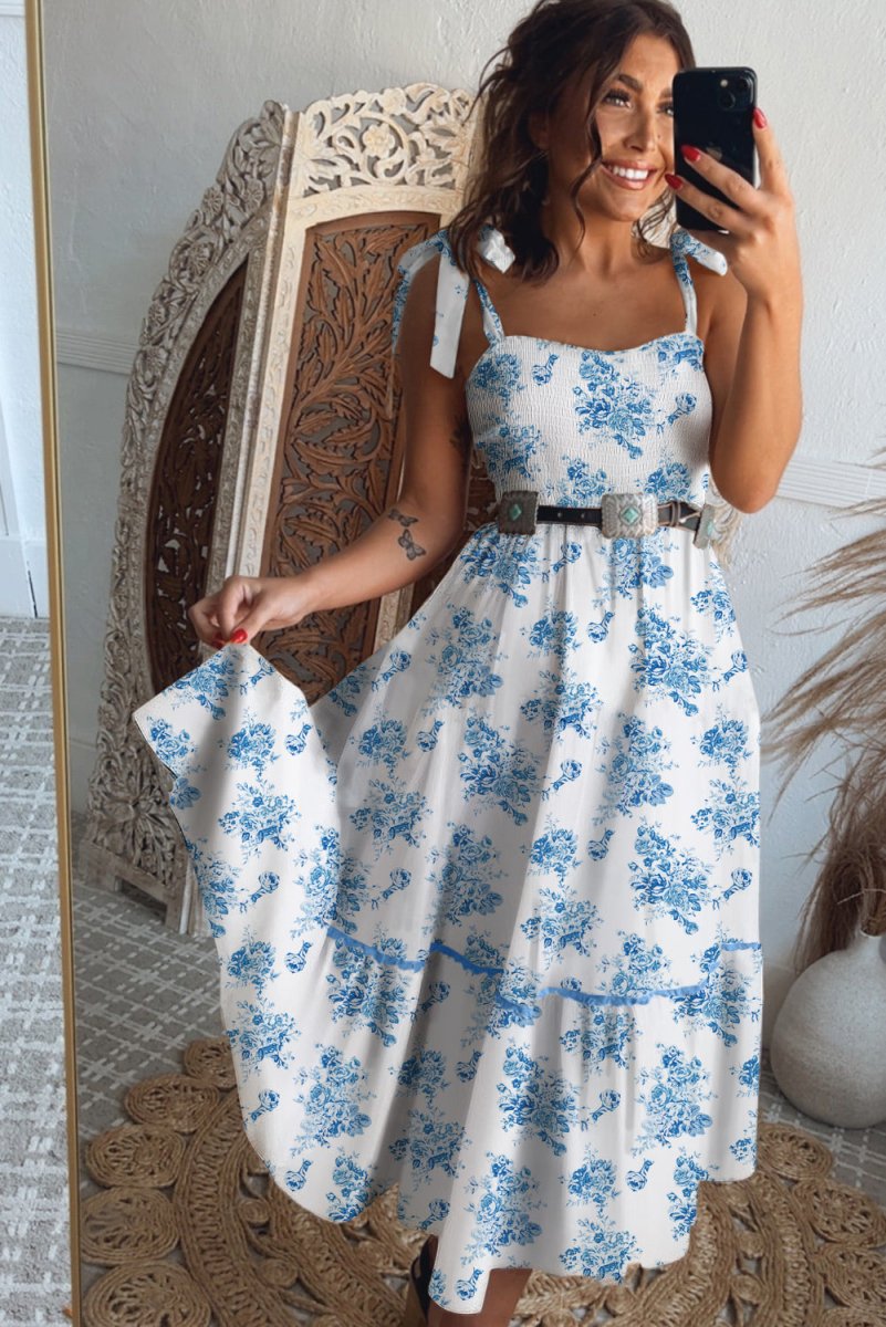 Sky Blue Floral Print Shirred Knot Shoulder Dress