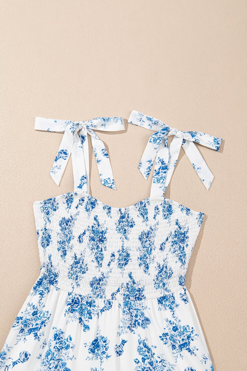 Sky Blue Floral Print Shirred Knot Shoulder Dress