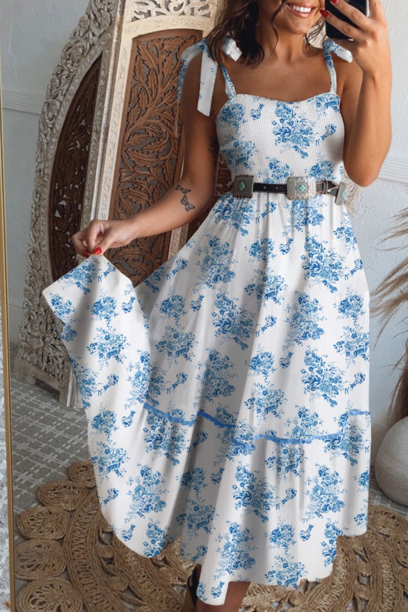 Sky Blue Floral Print Shirred Knot Shoulder Dress