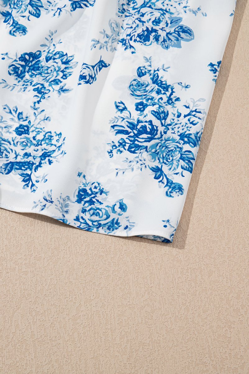 Sky Blue Floral Print Shirred Knot Shoulder Dress