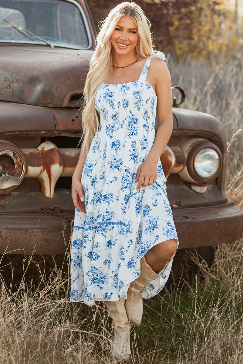 Sky Blue Floral Print Shirred Knot Shoulder Dress