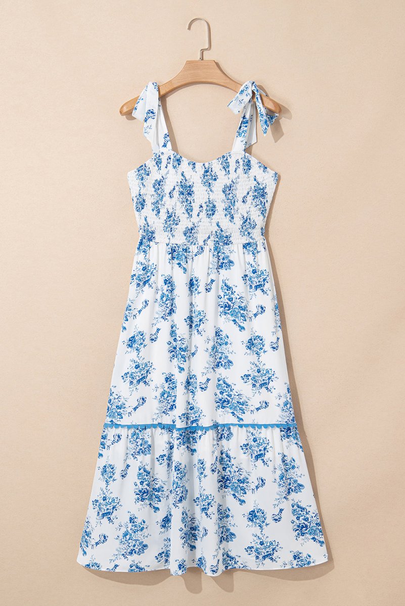 Sky Blue Floral Print Shirred Knot Shoulder Dress
