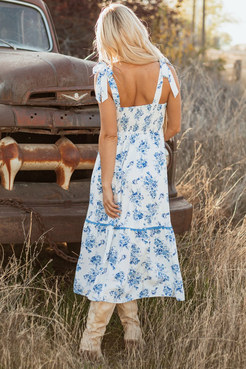 Sky Blue Floral Print Shirred Knot Shoulder Dress