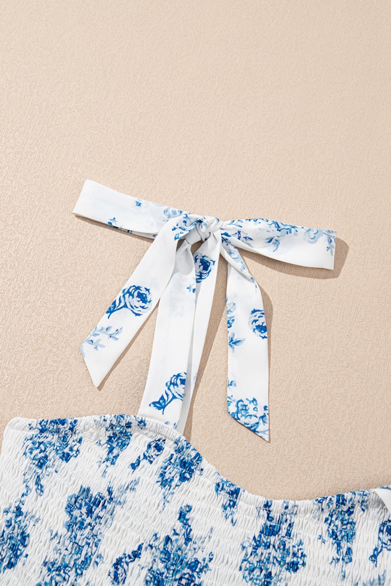 Sky Blue Floral Print Shirred Knot Shoulder Dress