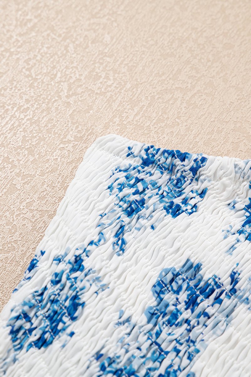 Sky Blue Floral Print Shirred Knot Shoulder Dress