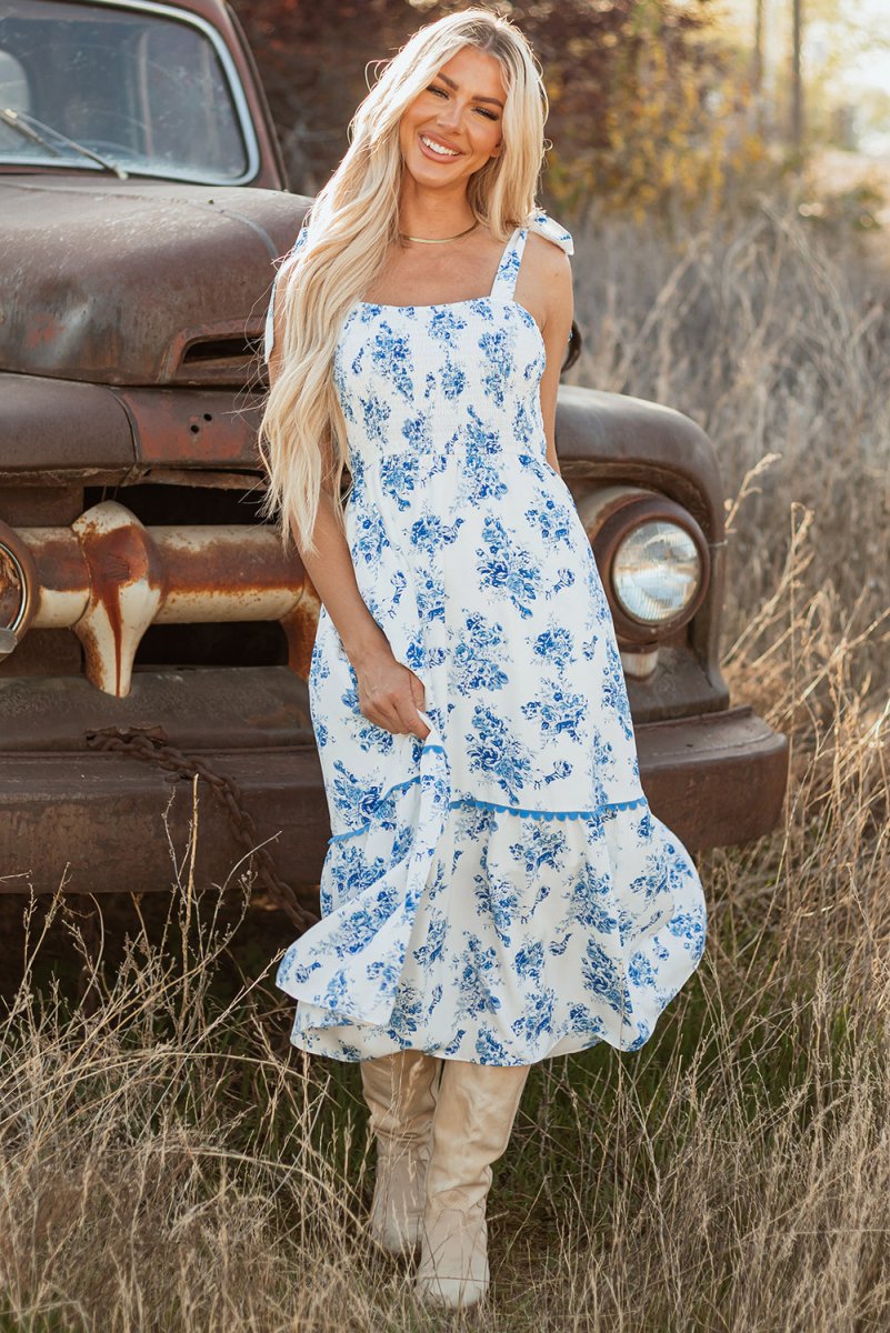 Sky Blue Floral Print Shirred Knot Shoulder Dress
