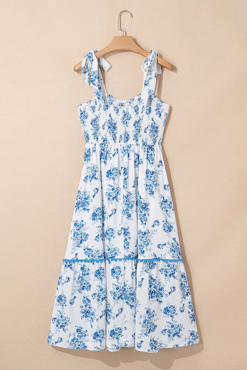 Sky Blue Floral Print Shirred Knot Shoulder Dress