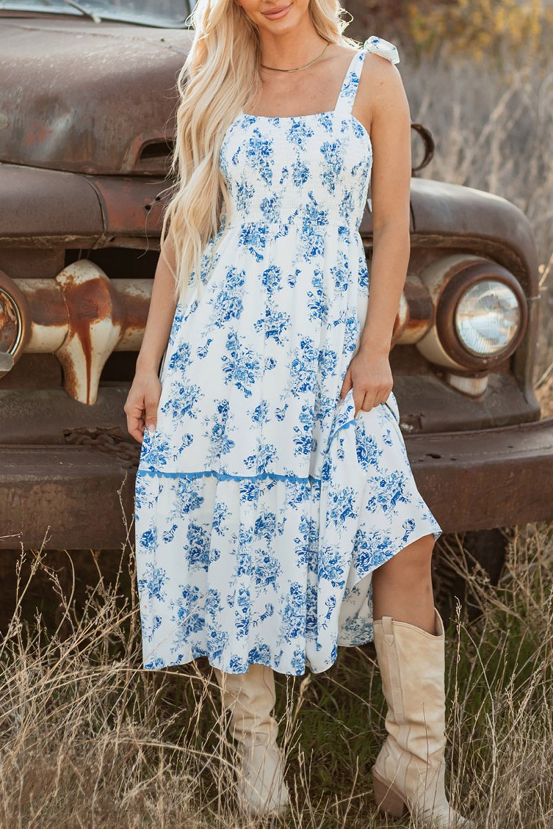 Sky Blue Floral Print Shirred Knot Shoulder Dress